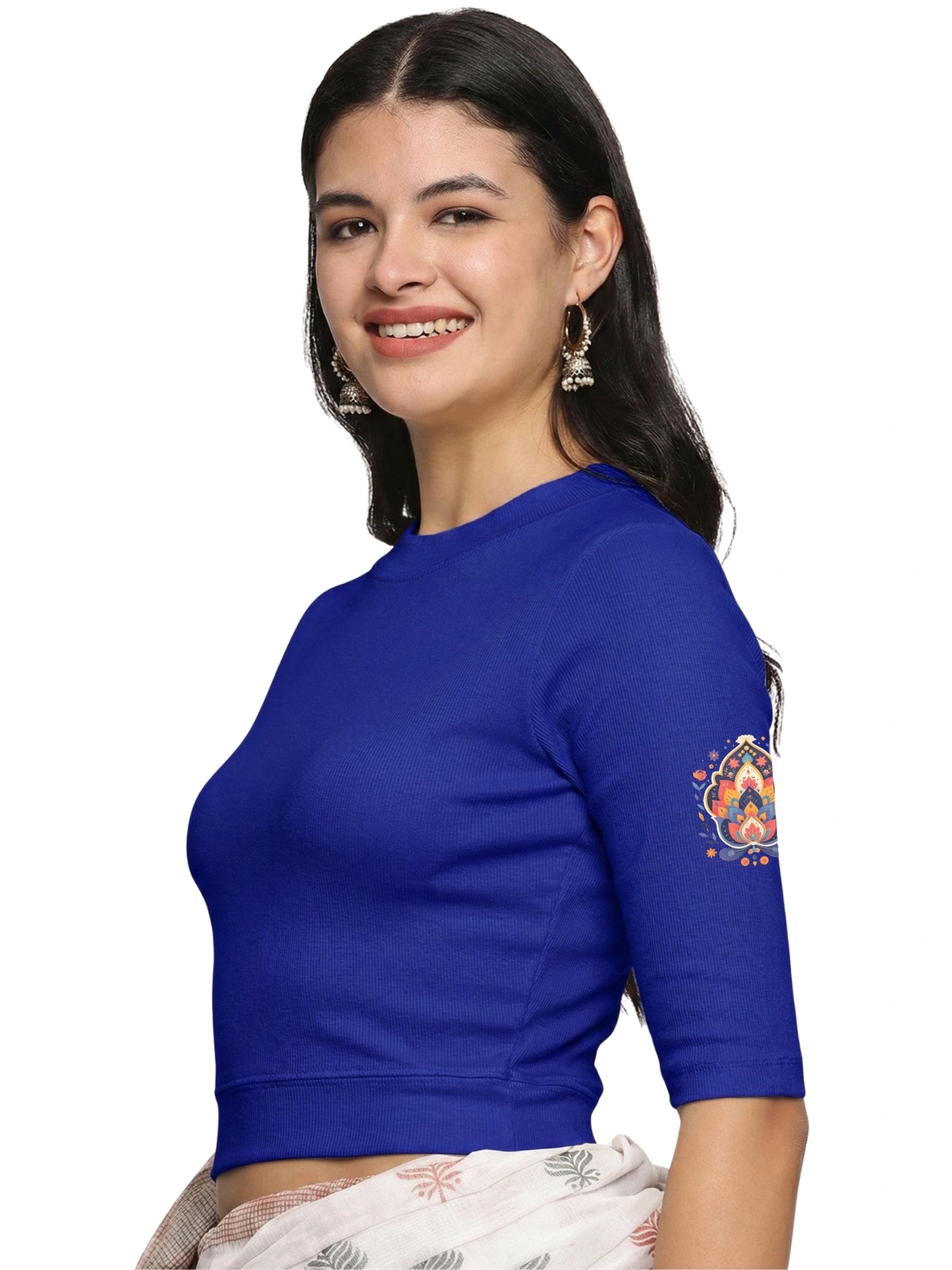 Women Back Printed Stretchable Elbow Sleeve RIB Blouse U0157 Royal Blue