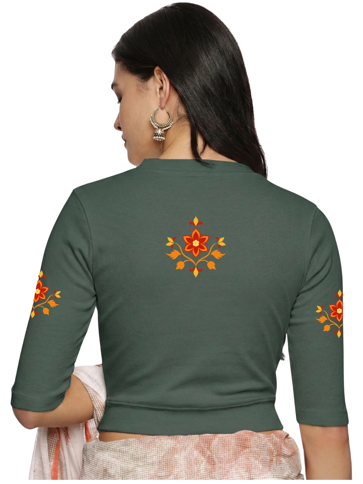 Women Back Printed Stretchable Elbow Sleeve RIB Blouse U0158 Khaki Green