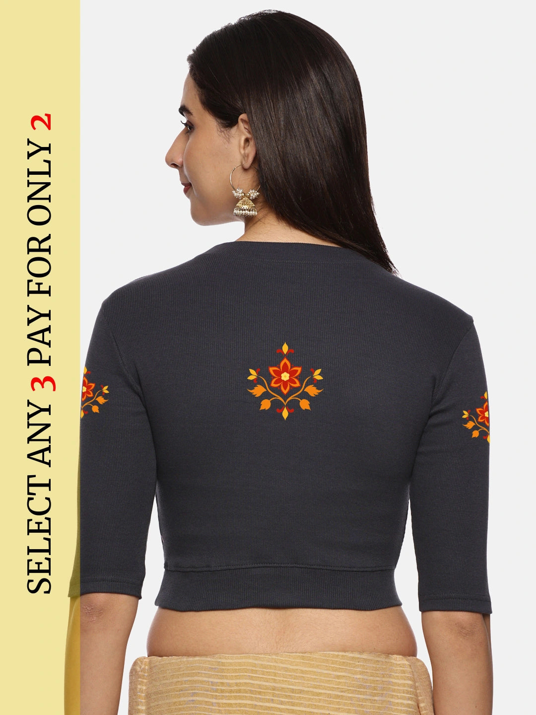 Women Back Printed Stretchable Elbow Sleeve RIB Blouse U0158 - notyetbyus