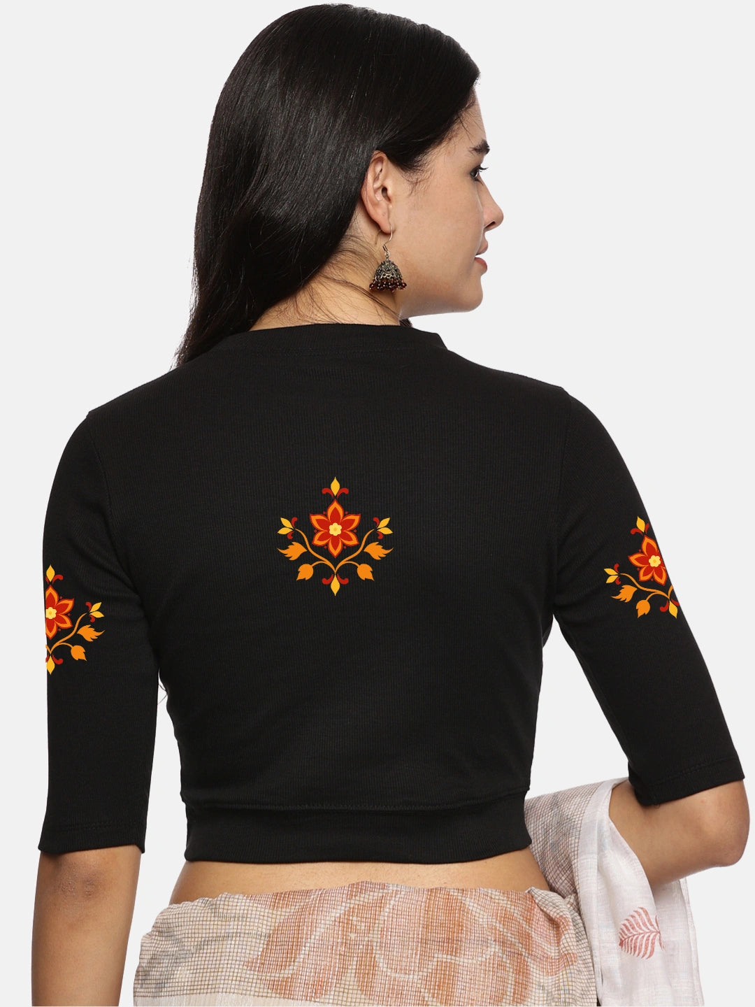 Women Back Printed Stretchable Elbow Sleeve RIB Blouse U0158 - notyetbyus