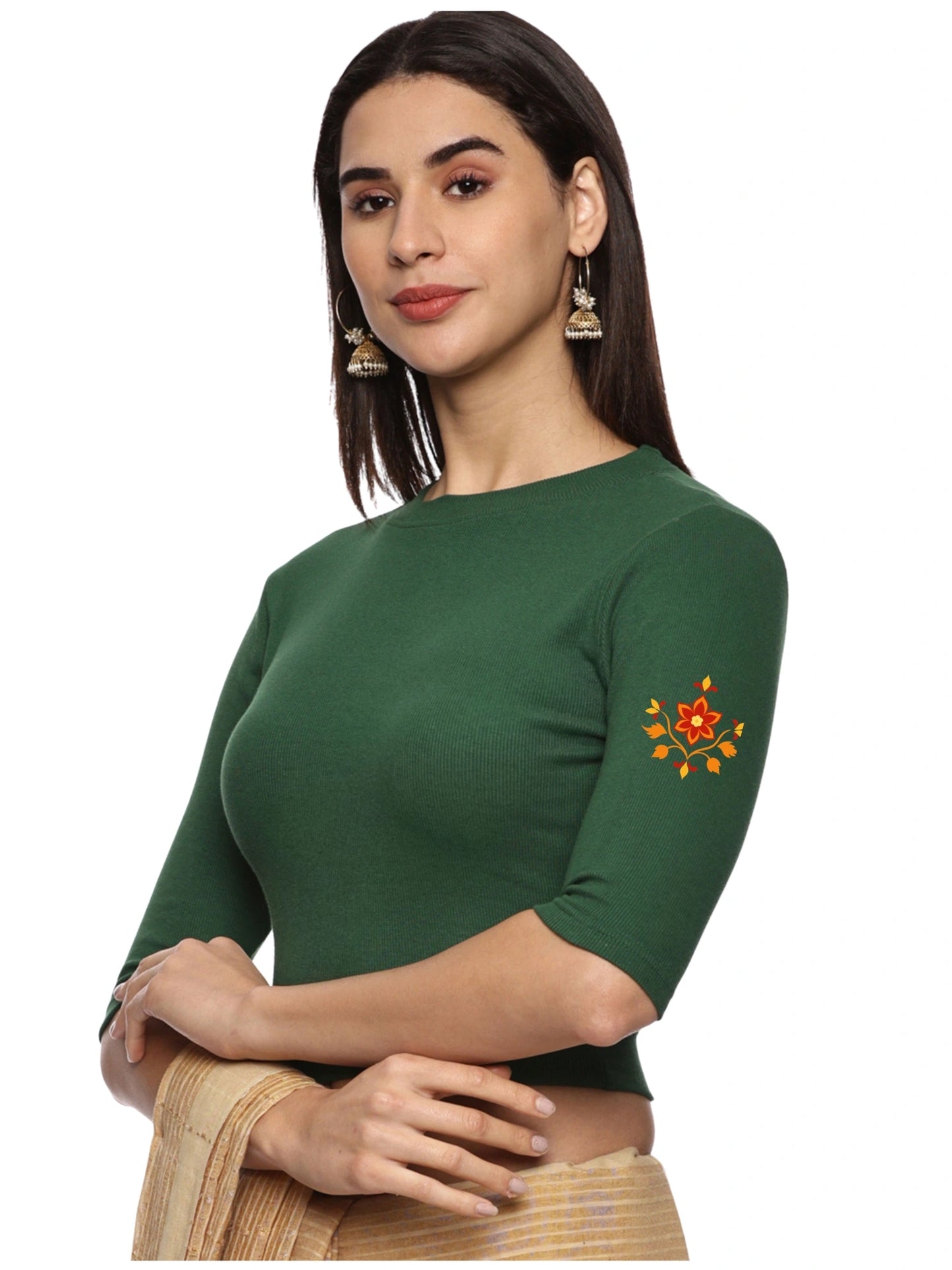 Women Back Printed Stretchable Elbow Sleeve RIB Blouse U0158 Bottle Green