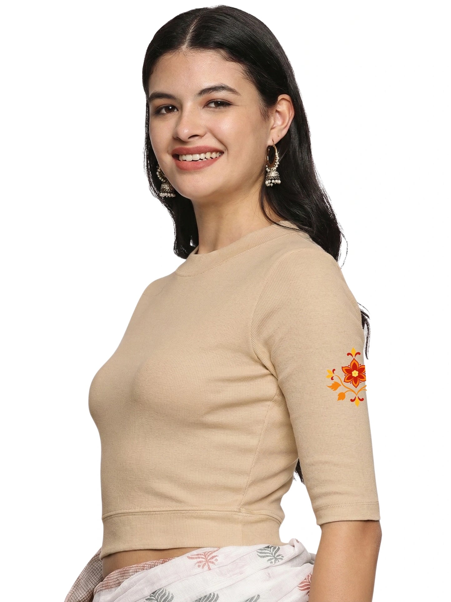 Women Back Printed Stretchable Elbow Sleeve RIB Blouse U0158 Chikoo