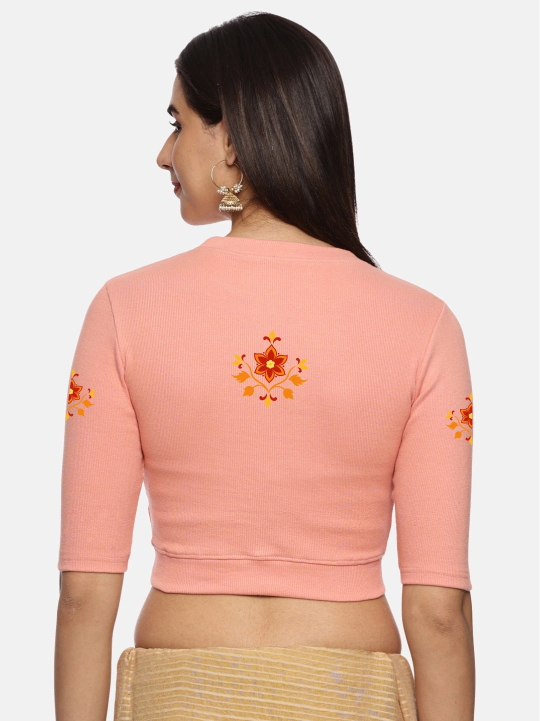 Women Back Printed Stretchable Elbow Sleeve RIB Blouse U0158 - notyetbyus