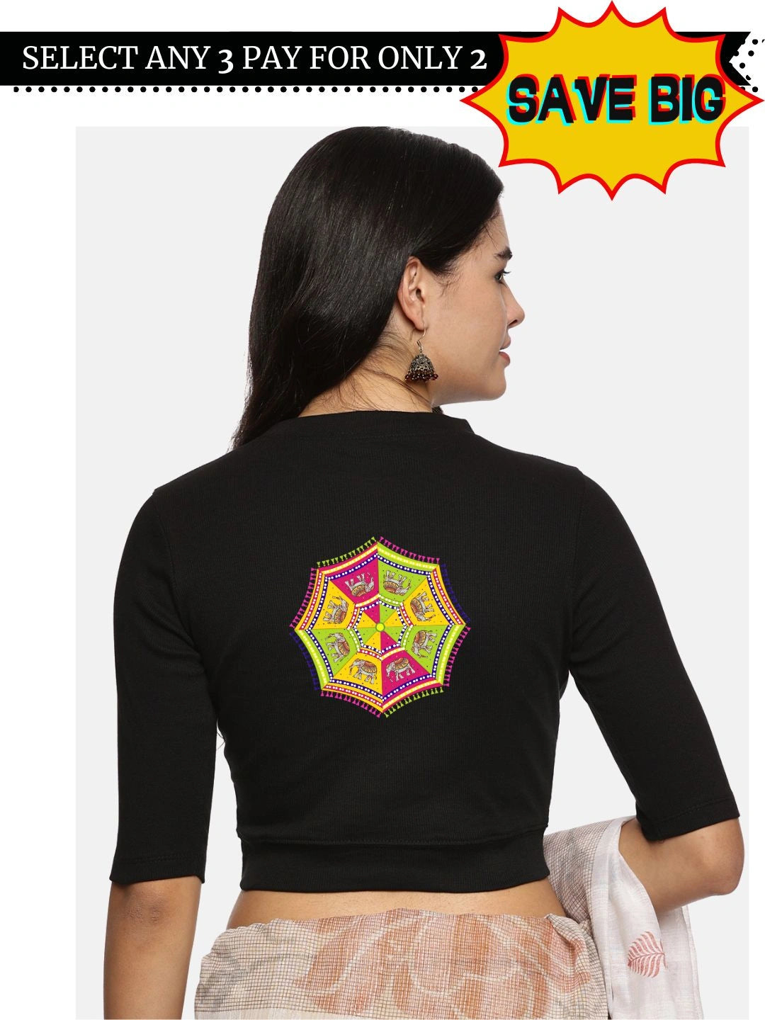 Women Back Printed Stretchable Elbow Sleeve RIB Blouse U0159 - notyetbyus