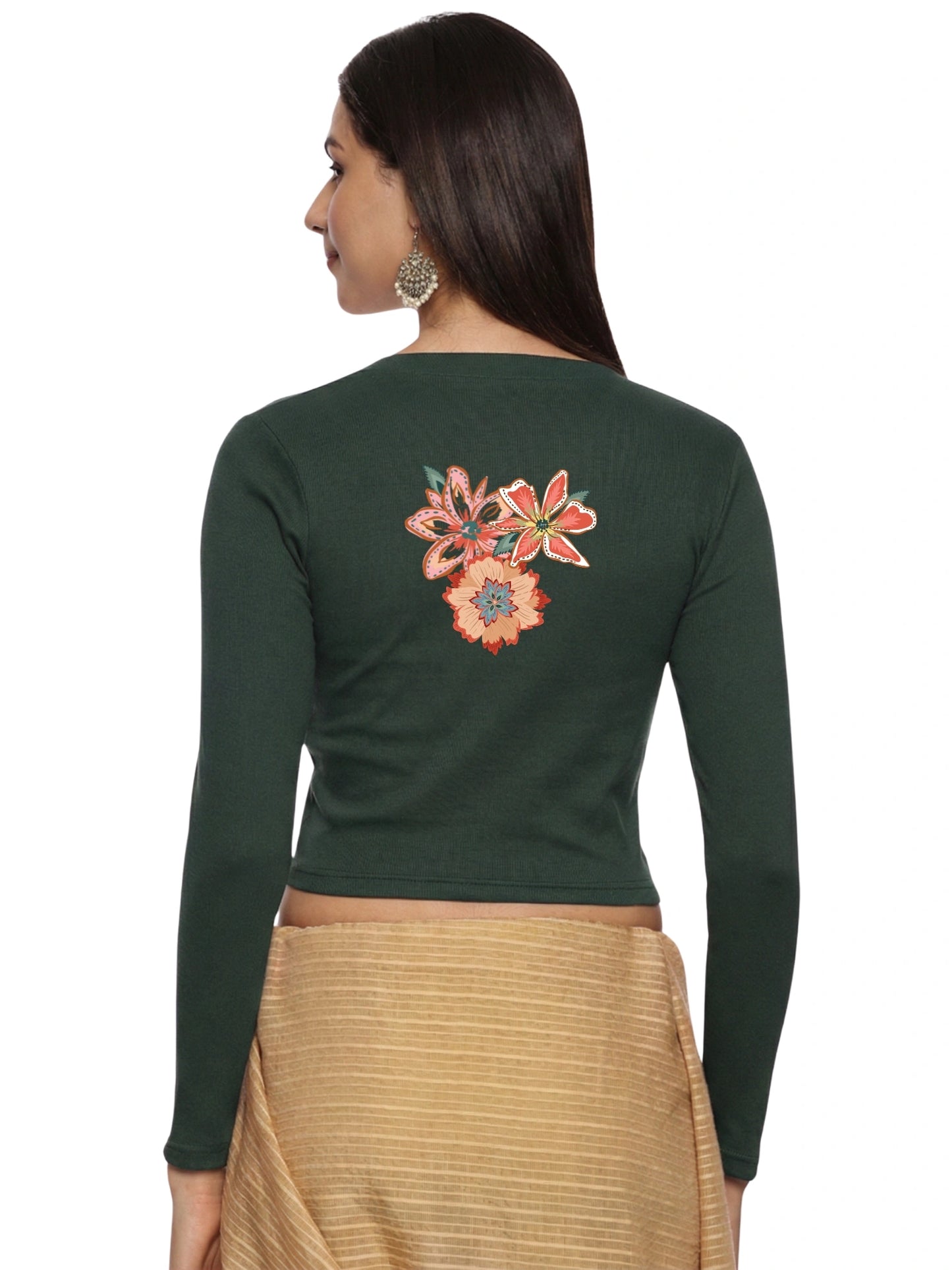 Women Back Printed Stretchable Full Sleeve V Neck RIB Blouse U0214 Khaki Green