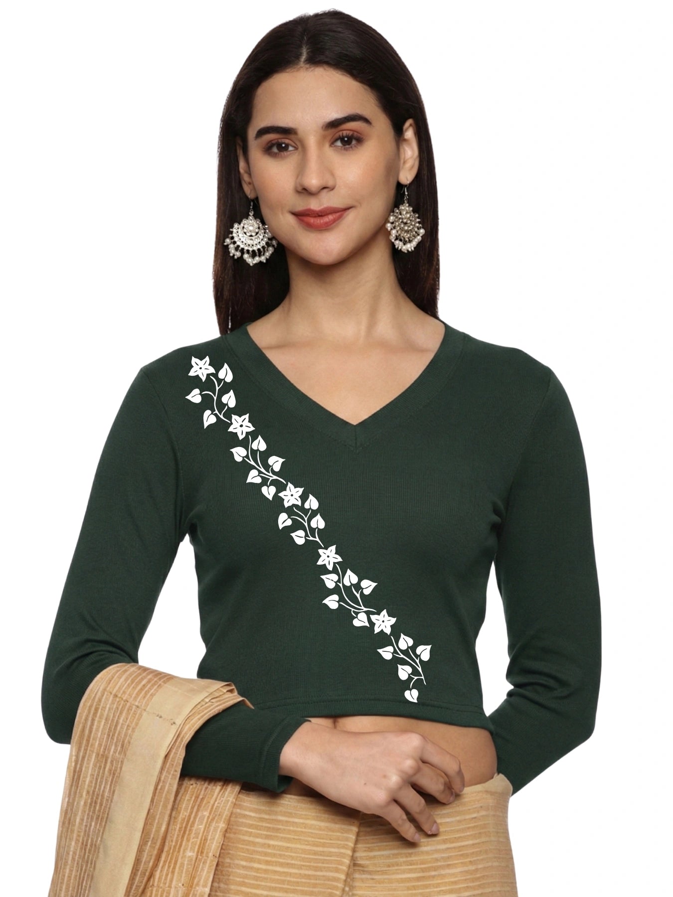 Women Back Printed Stretchable Full Sleeve V Neck RIB Blouse U0219 Khaki Green
