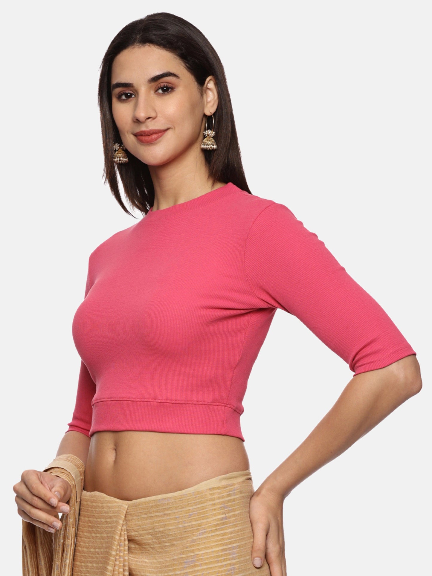Women Back Printed Stretchable Elbow Sleeve RIB Blouse U0169 Baby Pink