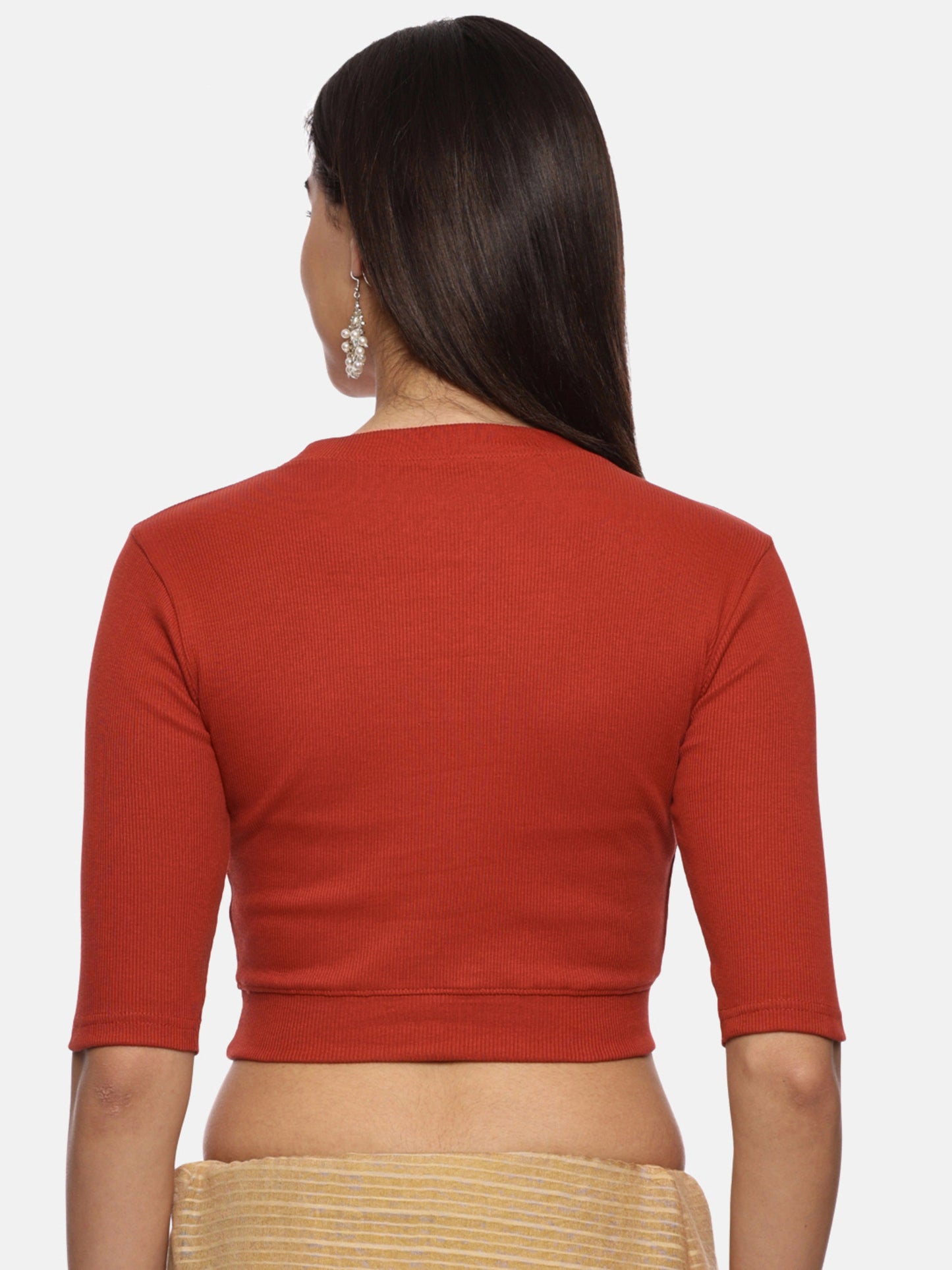 Women Plain Stretchable Elbow Sleeve RIB Blouse U0121 Rust