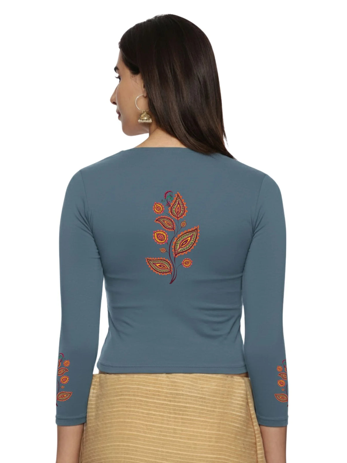 Women Three Fourth Sleeve Back Print Stretchable Blouse U0181 Elephant Grey