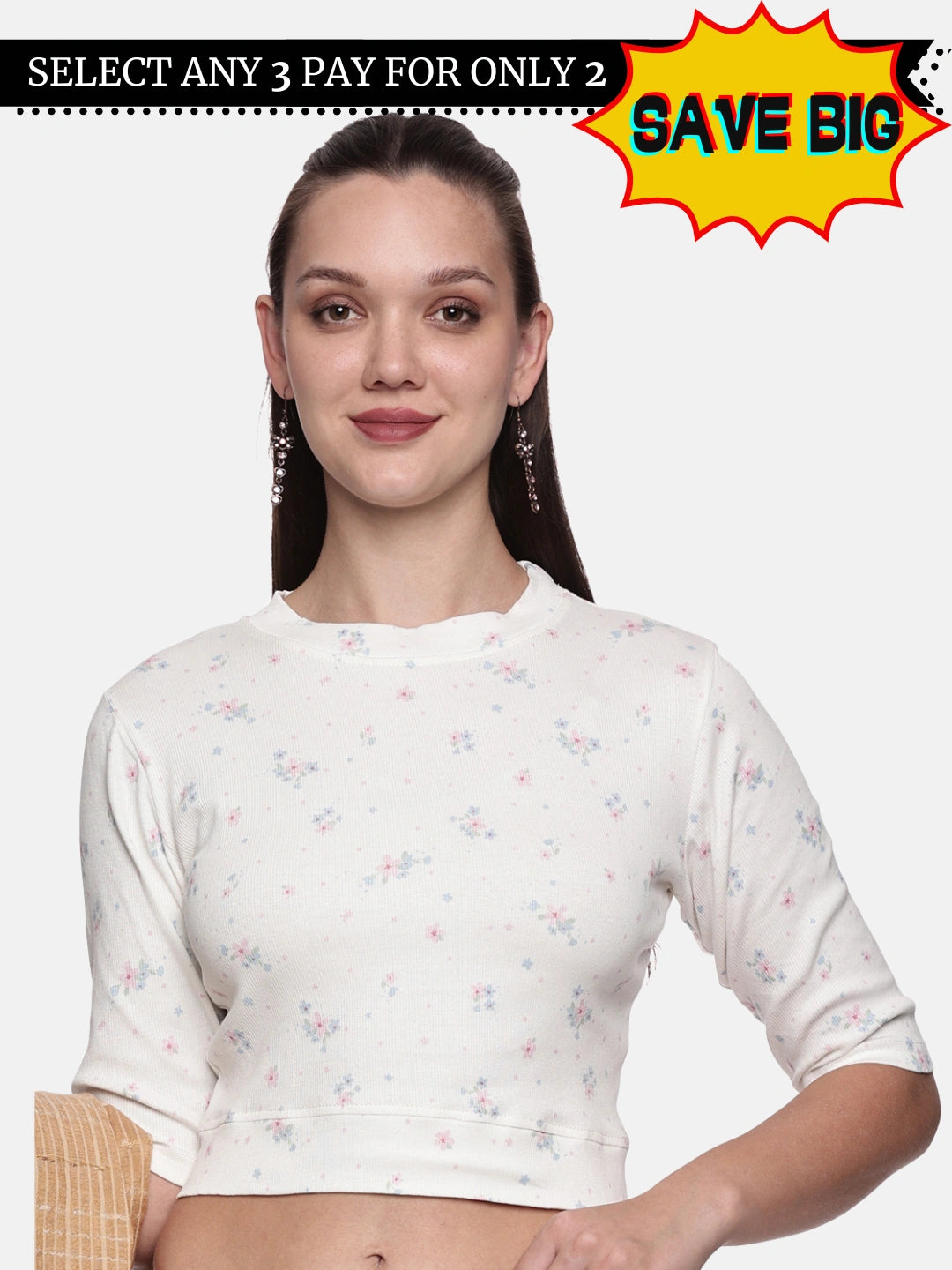 Women Allover Printed Stretchable Elbow Sleeve RIB Blouse UA017 - notyetbyus