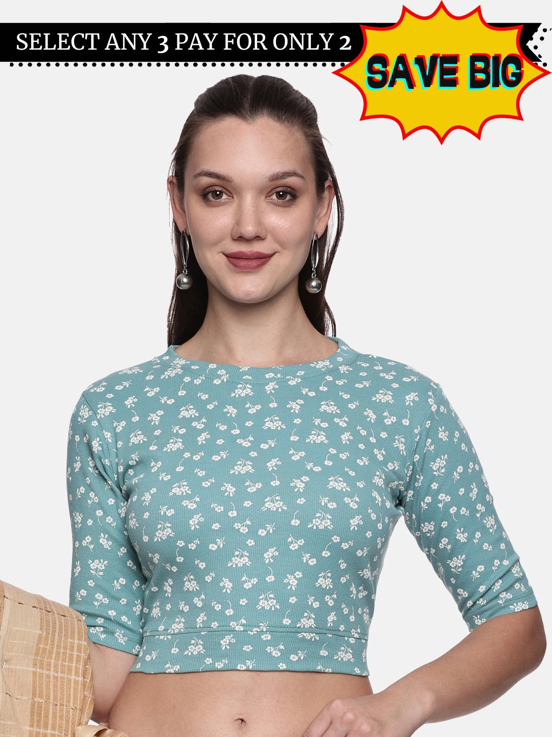 Women Allover Printed Stretchable Elbow Sleeve RIB Blouse UA019 - notyetbyus