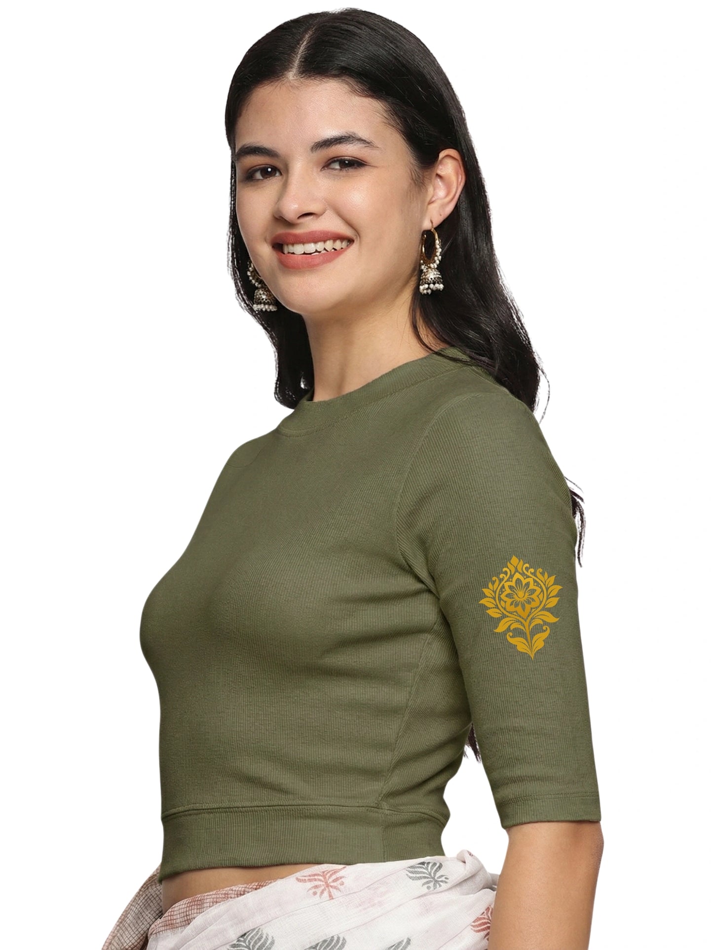 Women Back Printed Stretchable Elbow Sleeve RIB Blouse U0116 Khaki Green