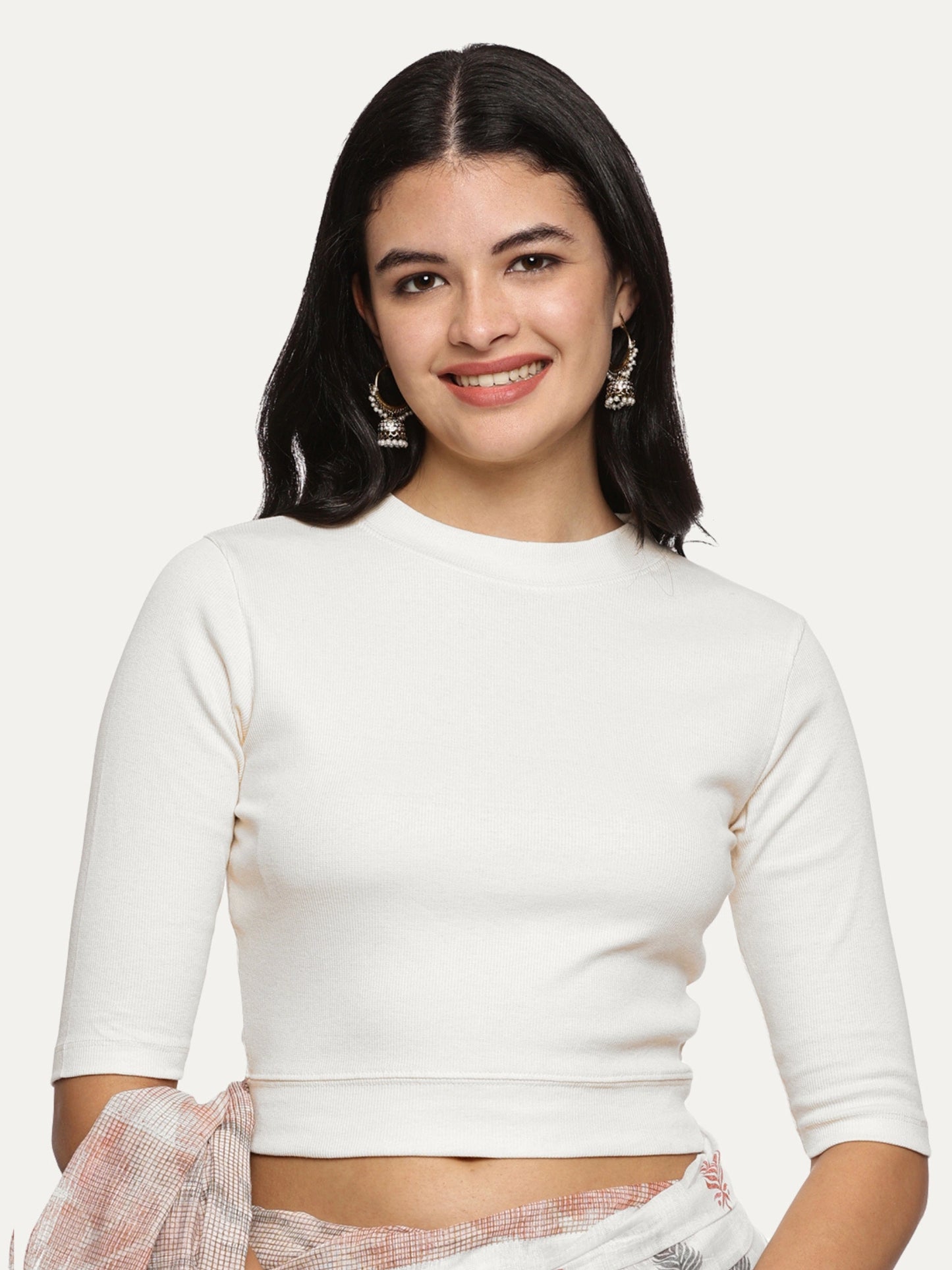 Women Back Printed Stretchable Elbow Sleeve RIB Blouse U0160 White