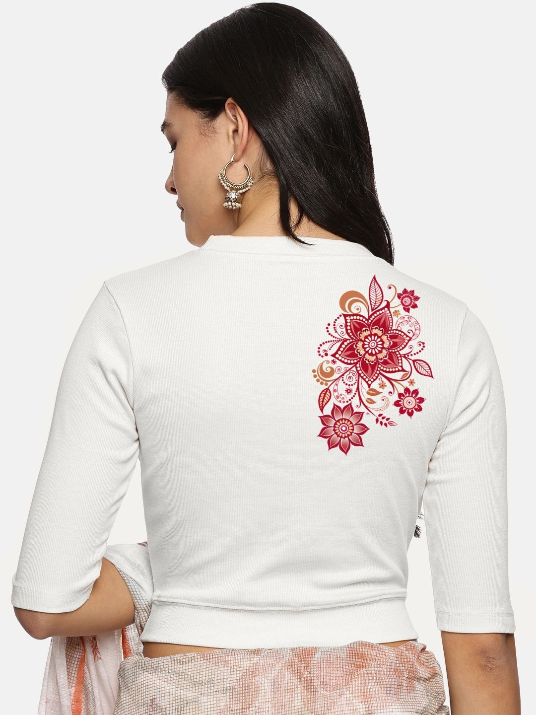 Women Back Printed Stretchable Elbow Sleeve RIB Blouse U0122 - notyetbyus