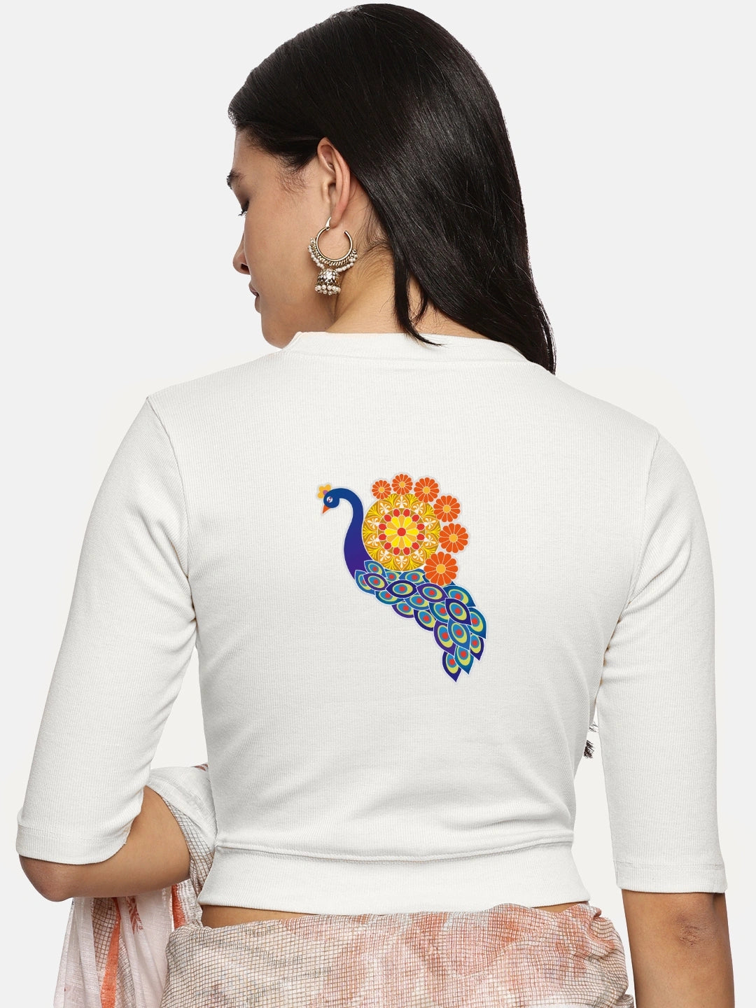 Women Back Printed Stretchable Elbow Sleeve RIB Blouse U0146 - notyetbyus