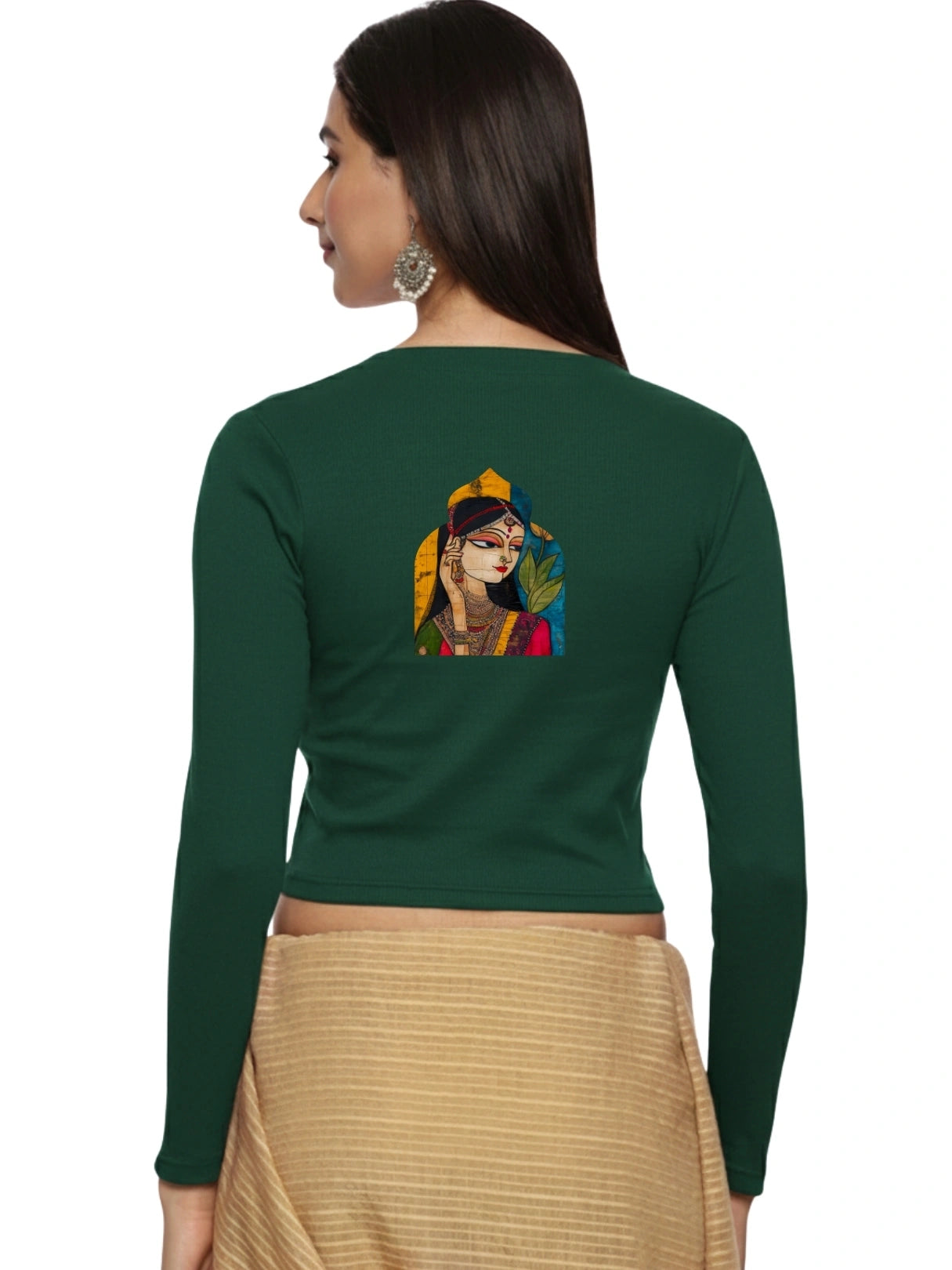 Women Back Printed Stretchable Full Sleeve V Neck RIB Blouse U0185 Bottle Green