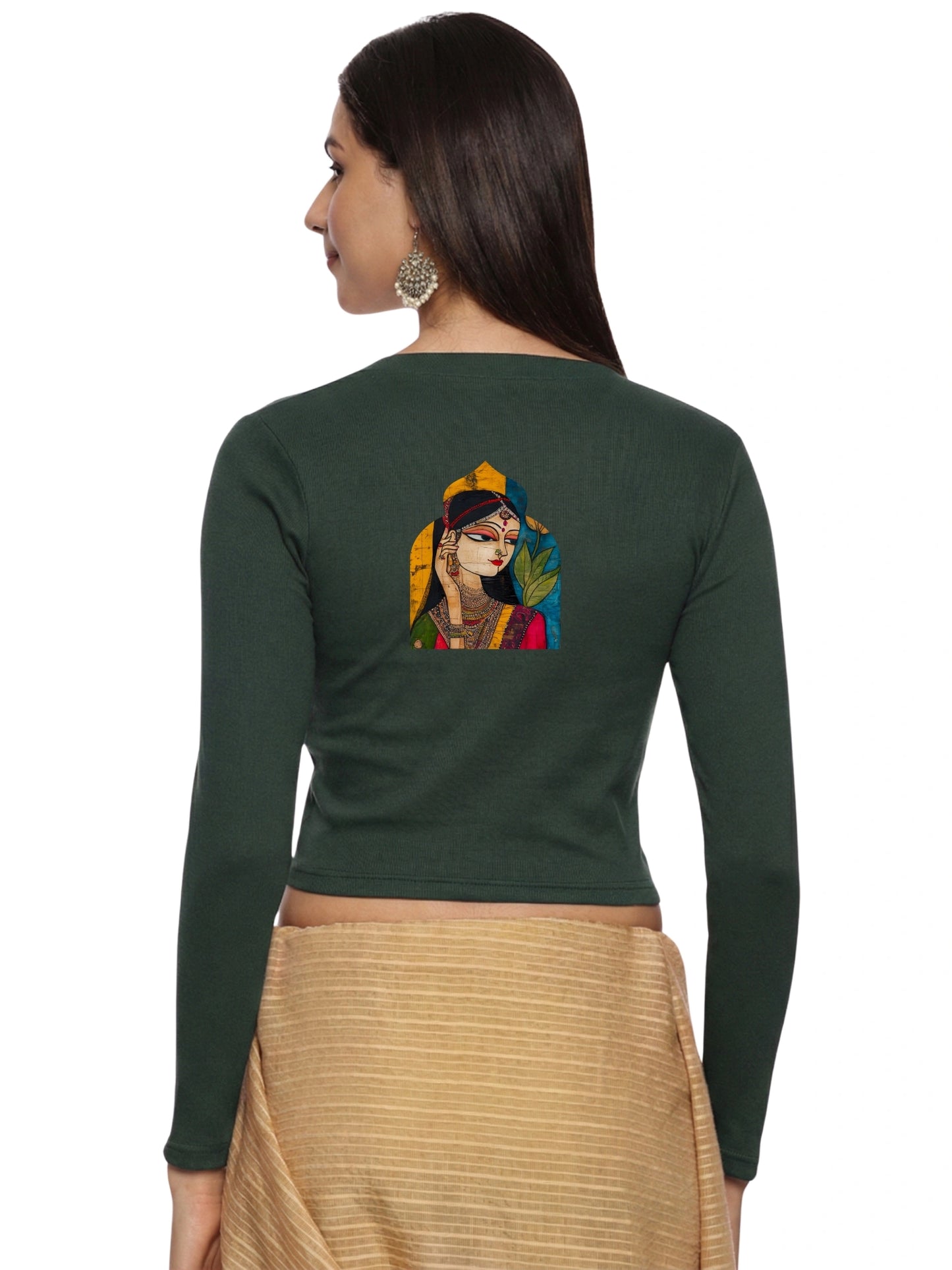 Women Back Printed Stretchable Full Sleeve V Neck RIB Blouse U0185 Khaki Green