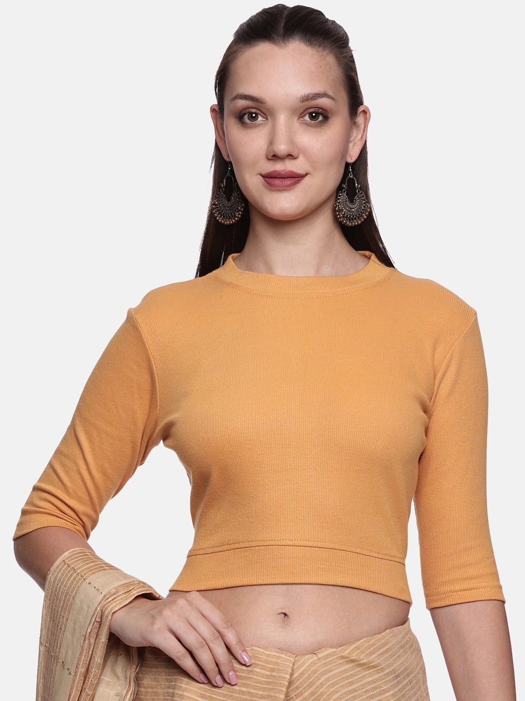Women Back Printed Stretchable Elbow Sleeve RIB Blouse U0221 Mango
