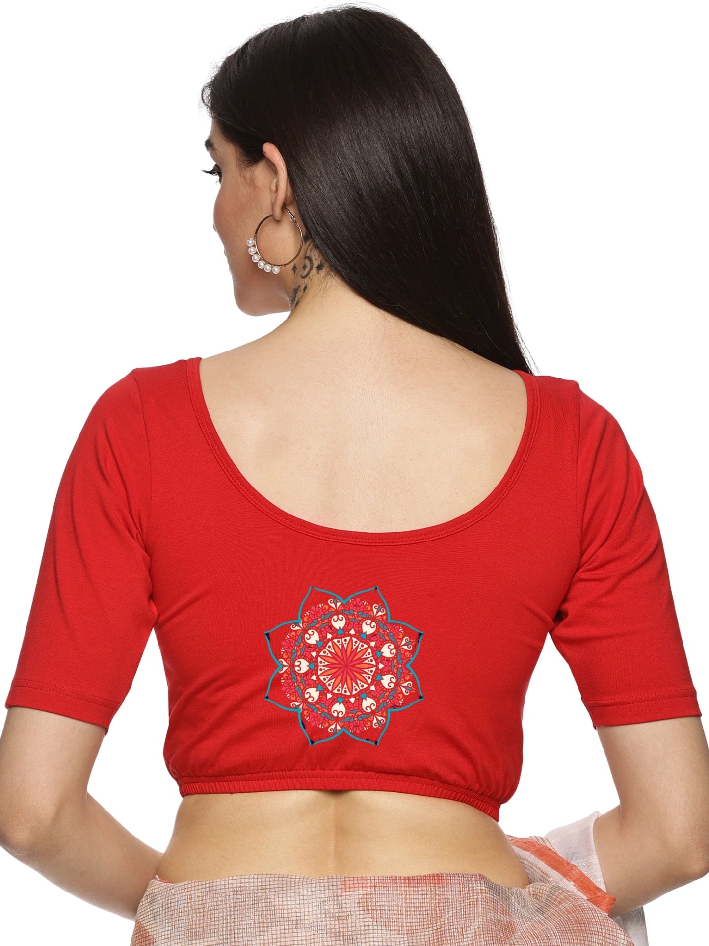 Women Back Printed Stretchable Half Sleeve Blouse U0222 Red
