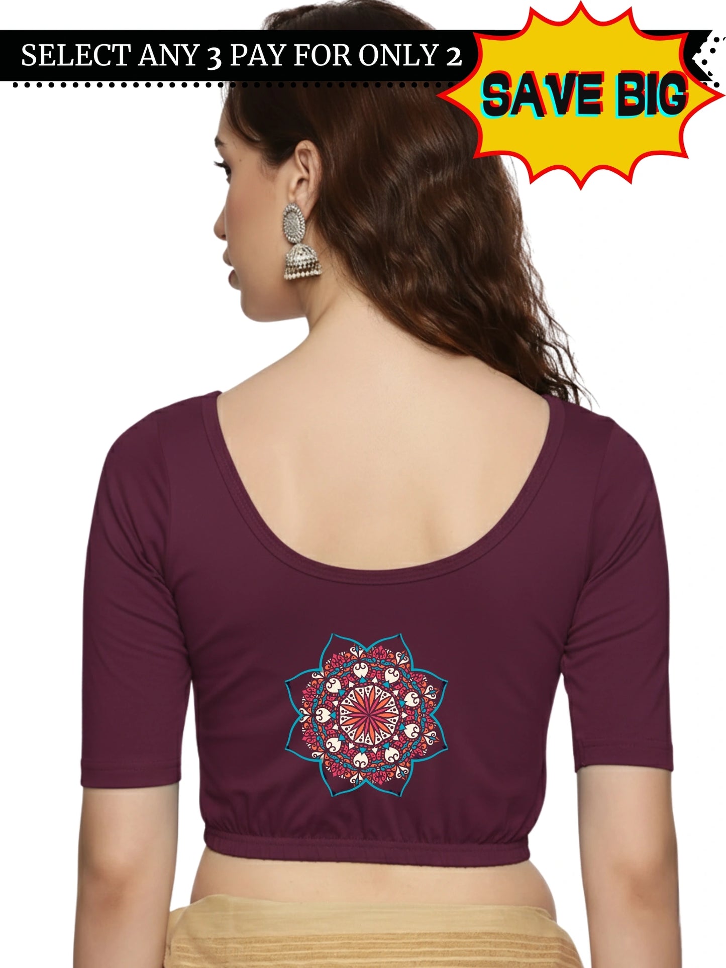 Women Back Printed Stretchable Half Sleeve Blouse U0222 Violet
