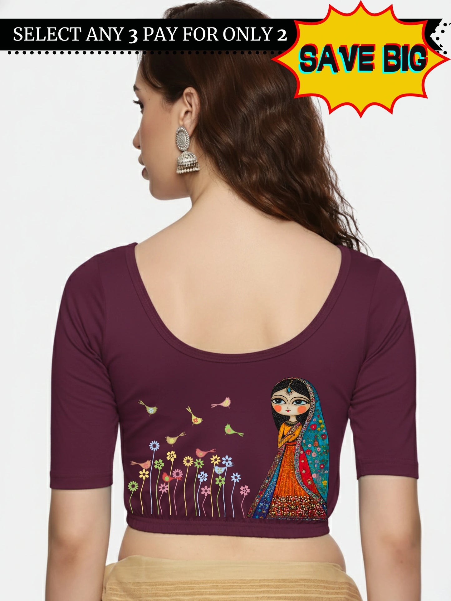 Women Back Printed Stretchable Half Sleeve Blouse U0223 Violet