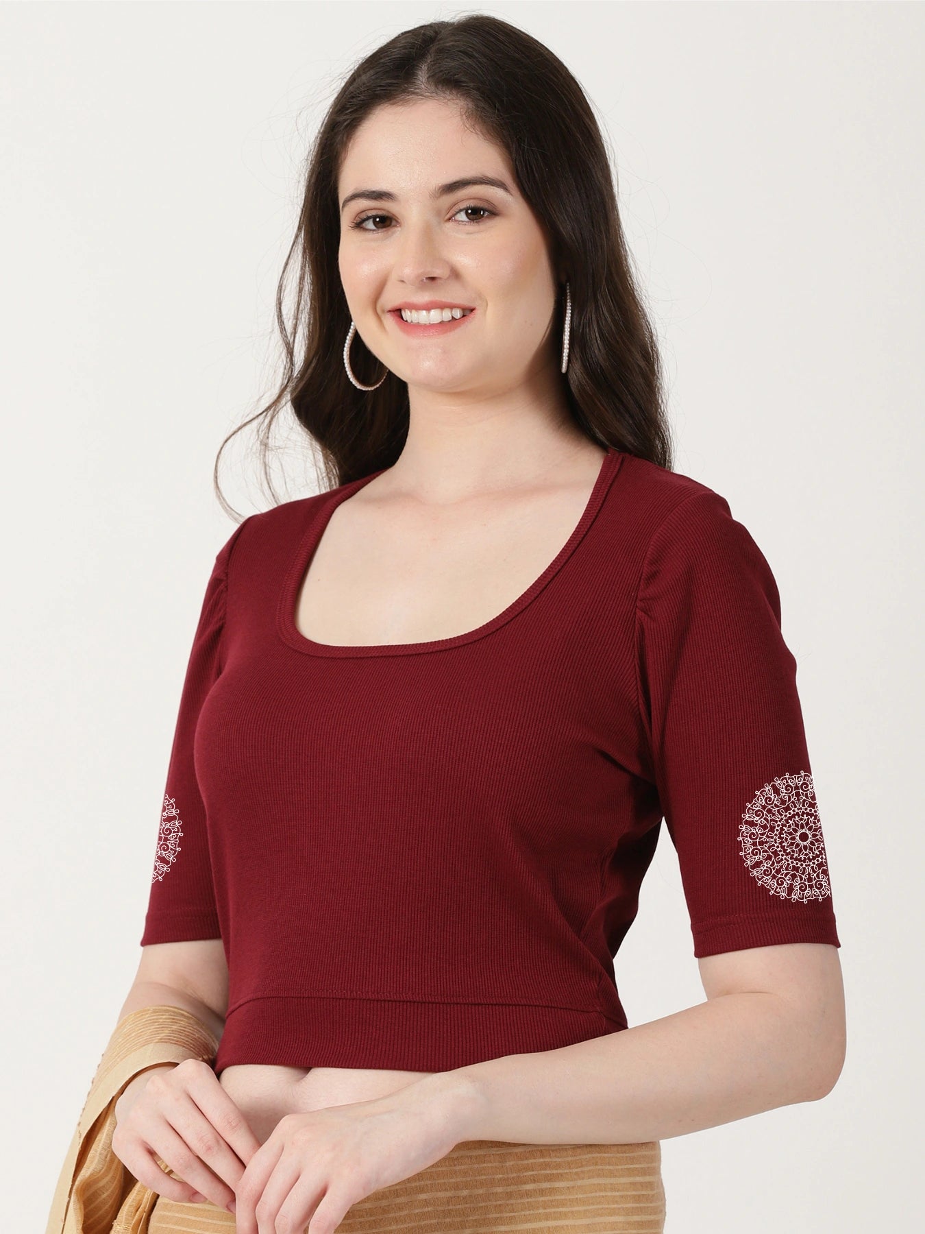 Women Stretchable Rib Square Neck Puff Sleeve Blouse Back Print U0245 Maroon