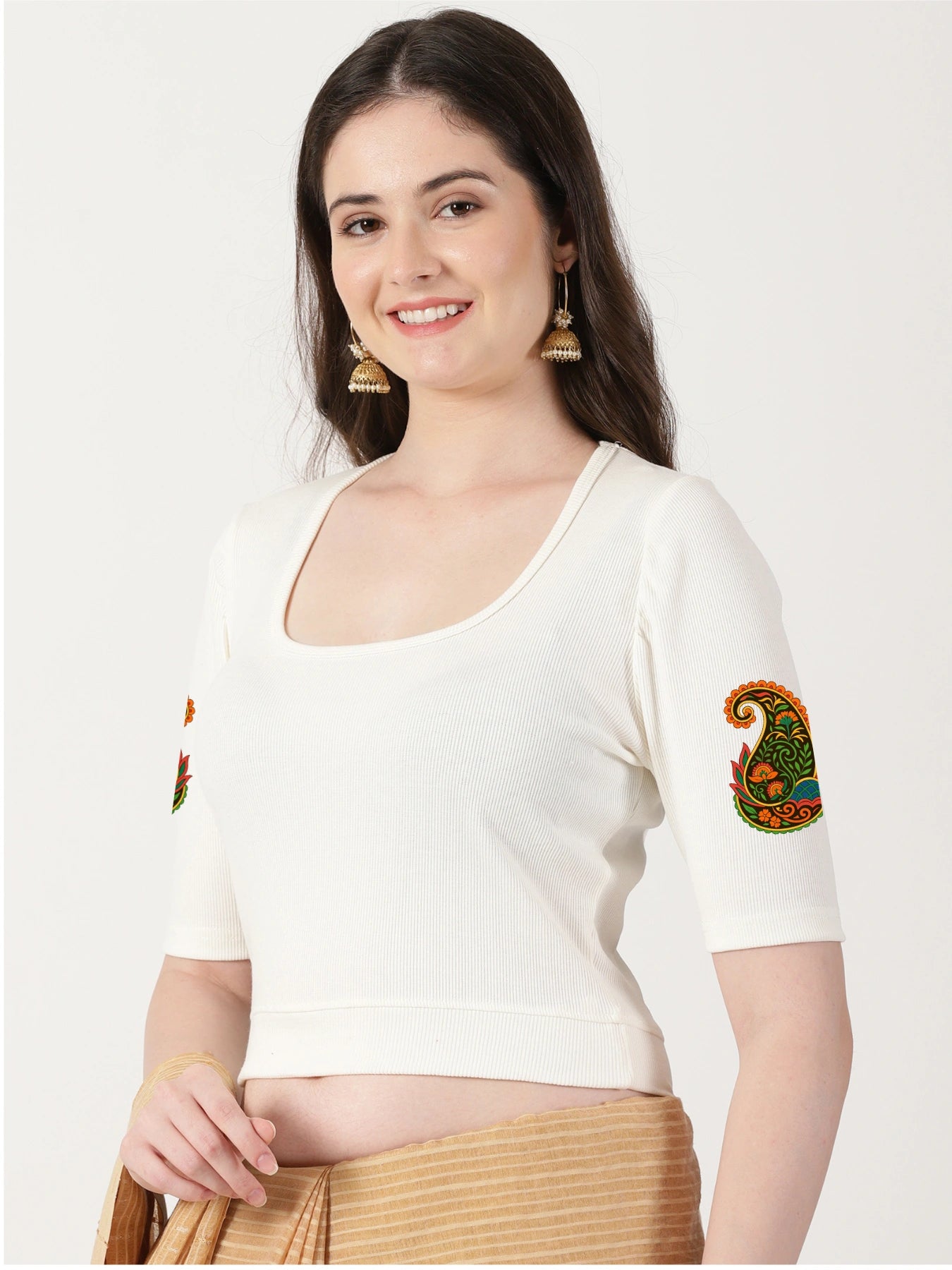 Women Stretchable Rib Square Neck Puff Sleeve Blouse Back Print U0247 Cream