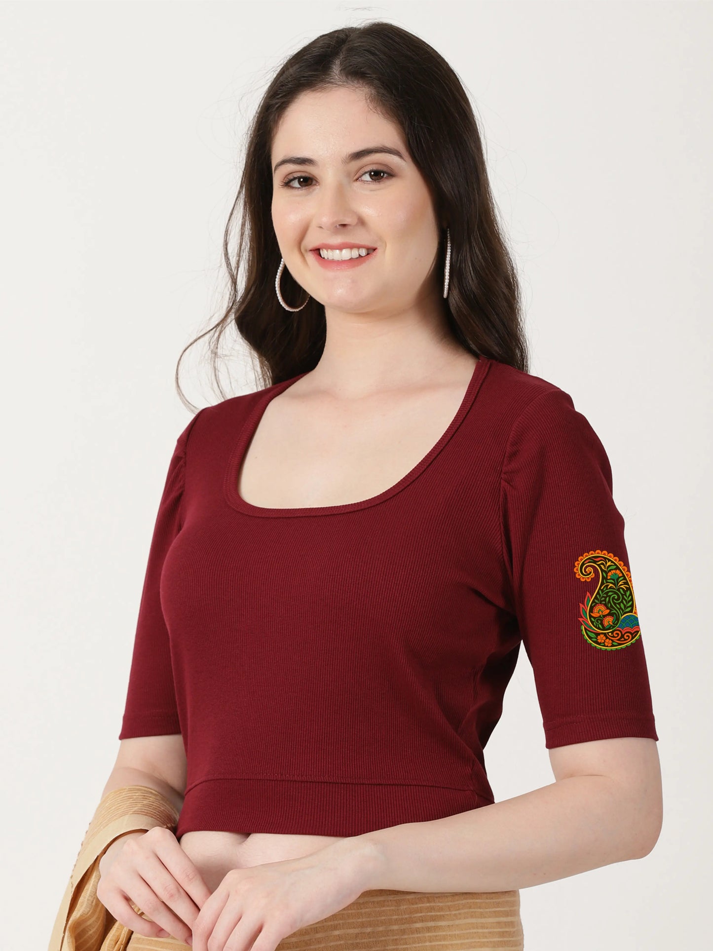 Women Stretchable Rib Square Neck Puff Sleeve Blouse Back Print U0247 Maroon