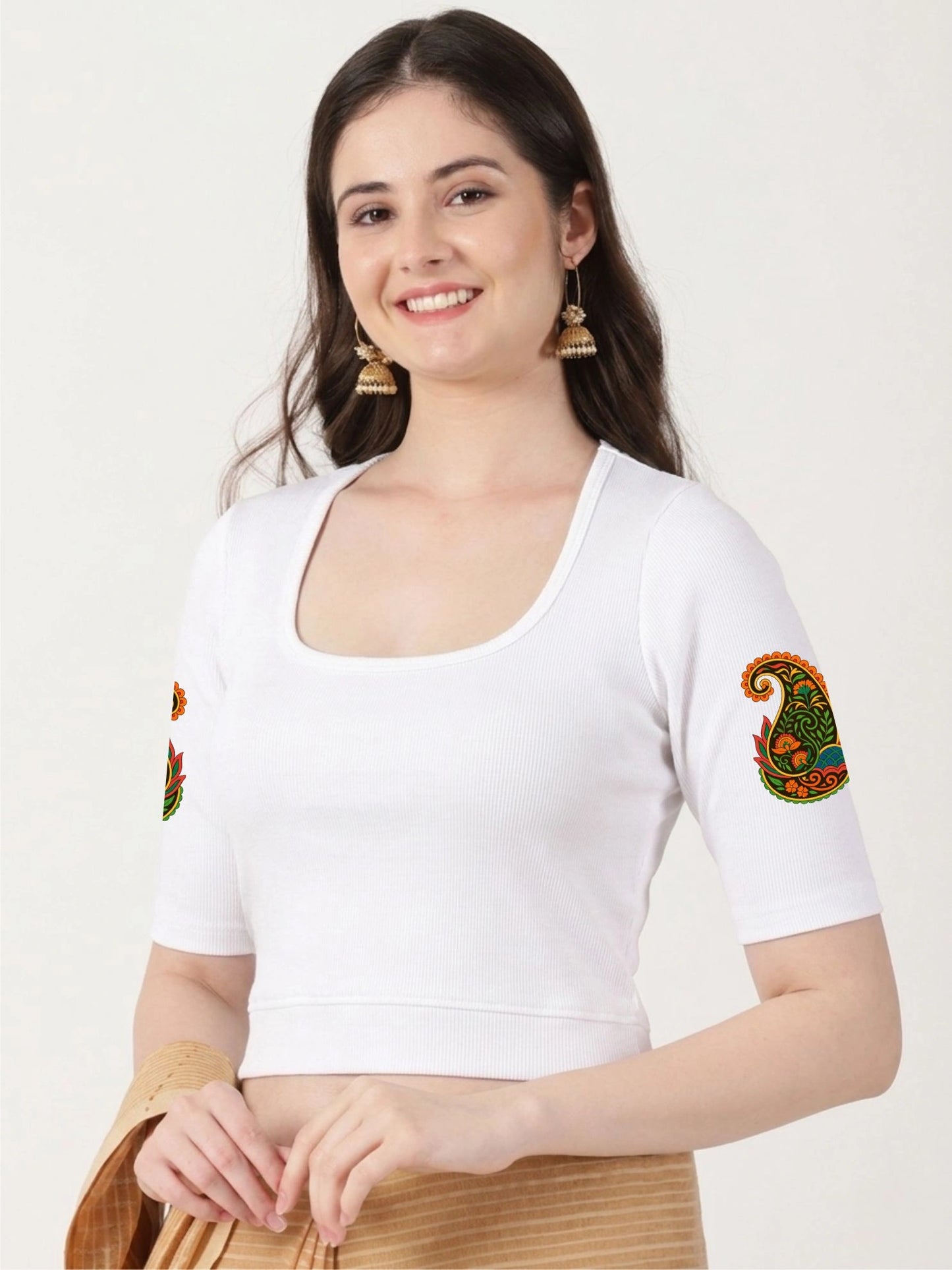 Women Stretchable Rib Square Neck Puff Sleeve Blouse Back Print U0247 White