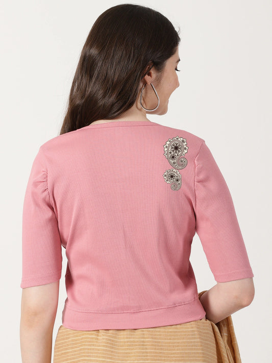 Women Stretchable Rib Square Neck Puff Sleeve Blouse Back Print U0248 Wine