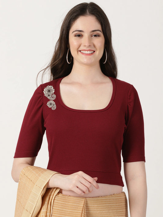 Women Stretchable Rib Square Neck Puff Sleeve Blouse Back Print U0248 Maroon
