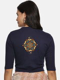 Women Back Printed Stretchable Elbow Sleeve RIB Blouse U0167 Navy
