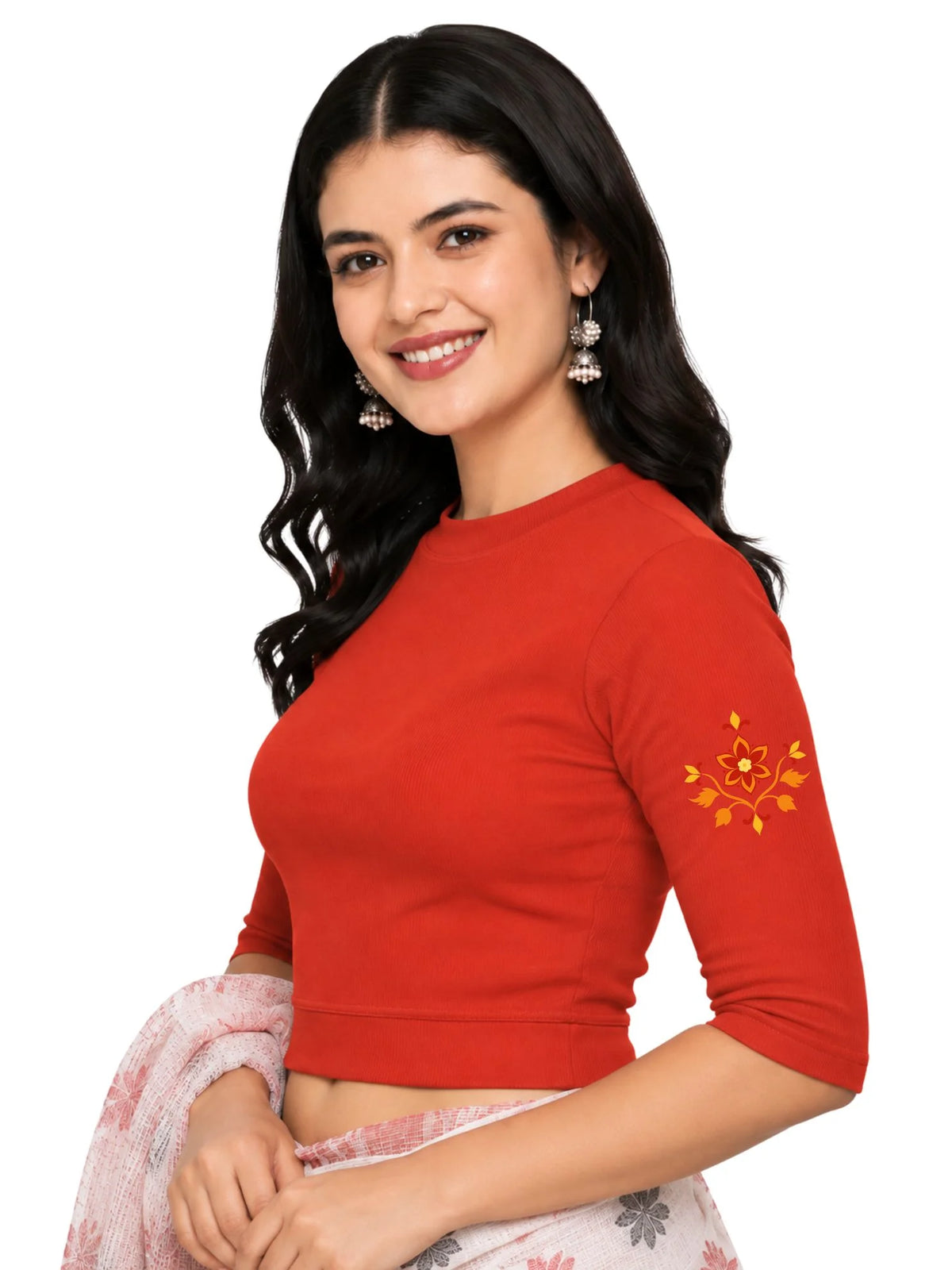 Women Back Printed Stretchable Elbow Sleeve RIB Blouse U0158 Dark Orange