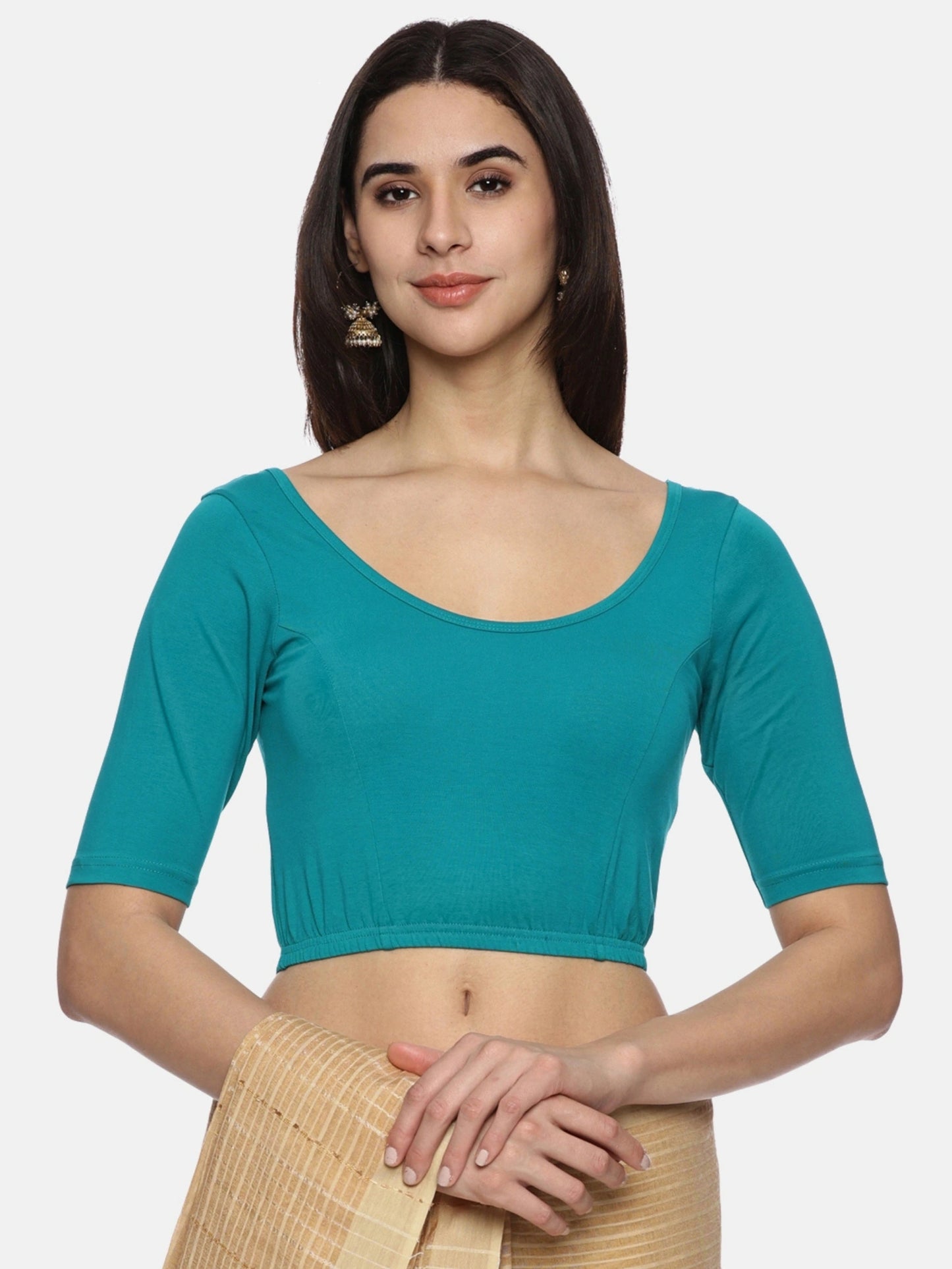 DIY Embroidery Kit with Women Stretchable Half Sleeve Blouse E010 –Rama Green