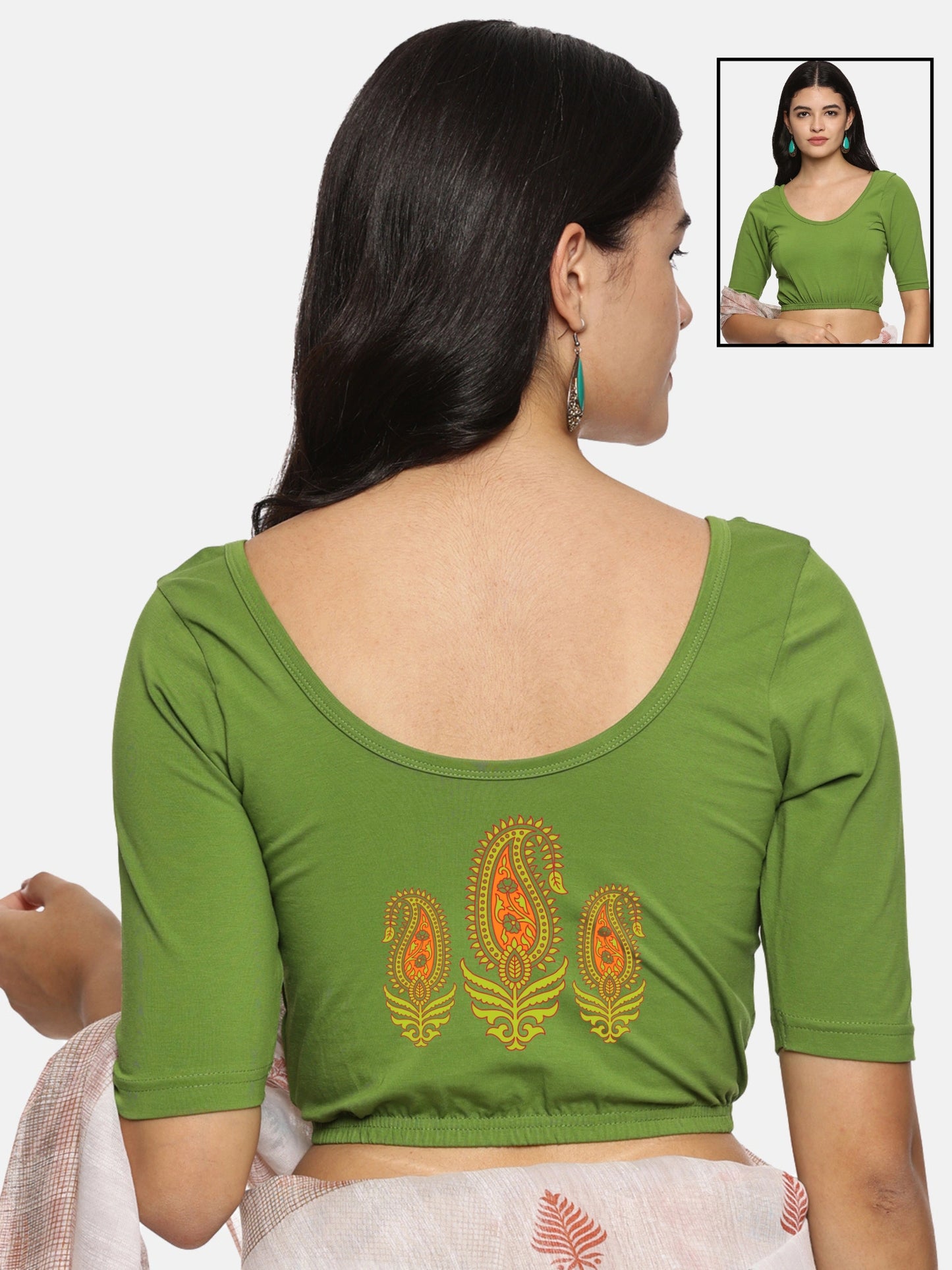 Women Back Printed Stretchable Half Sleeve Blouse U051 Mehndi Green