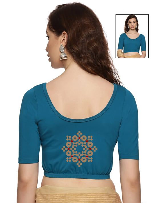 Women Back Printed Stretchable Half Sleeve Blouse U058 Peacock