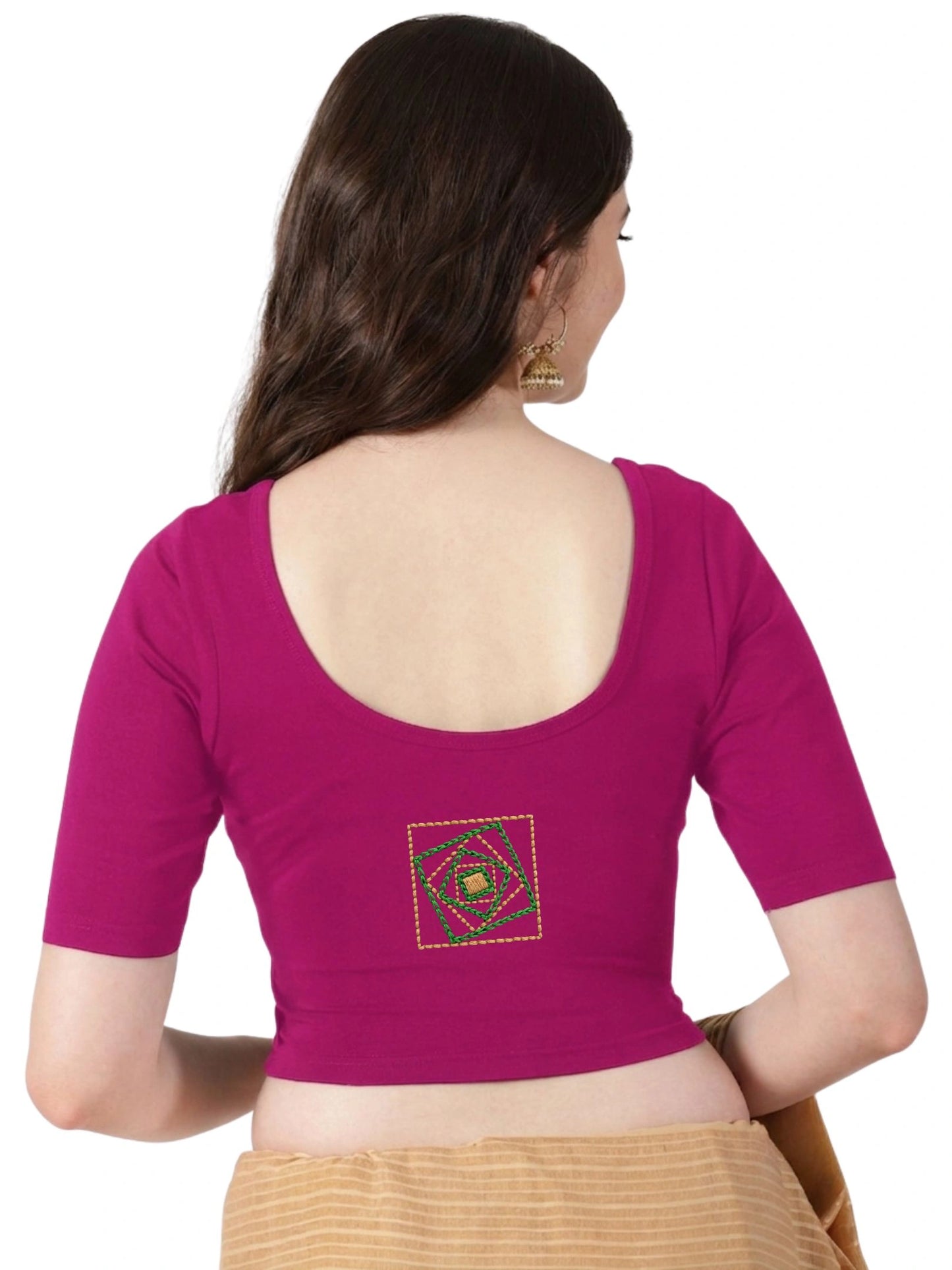 DIY Embroidery Kit with Women Front Open Stretchable Half Sleeve Blouse E05 – Rani Pink