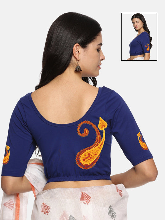 Women Back Printed Stretchable Half Sleeve Blouse U0177 Royal Blue