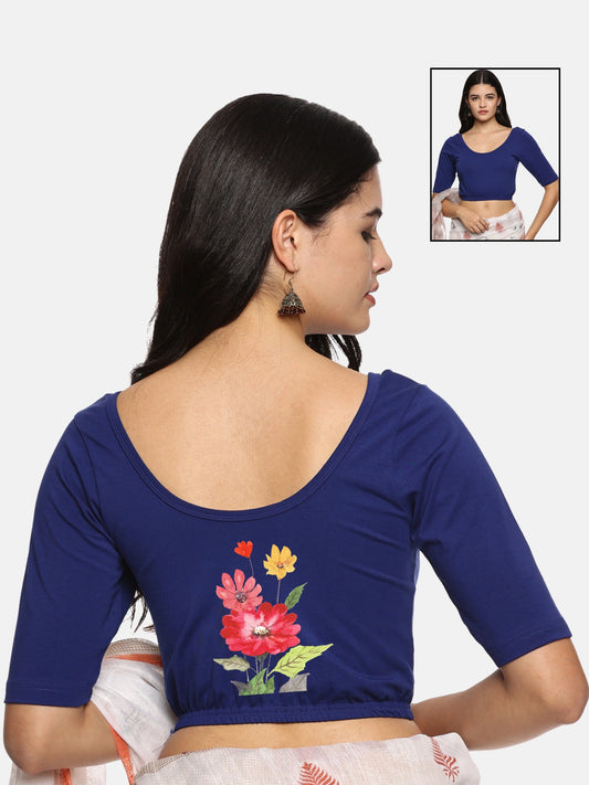Women Back Printed Stretchable Half Sleeve Blouse U0133 Royal Blue