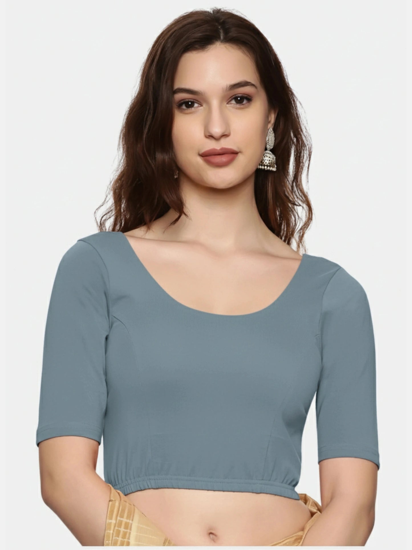 Women Back Printed Stretchable Half Sleeve Blouse U0197 Elephant Grey