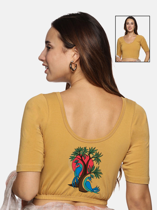 Women Back Printed Stretchable Half Sleeve Blouse U0137 Chikoo