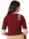 Women Stretchable Rib Square Neck Puff Sleeve Blouse Back Print U0248 Maroon