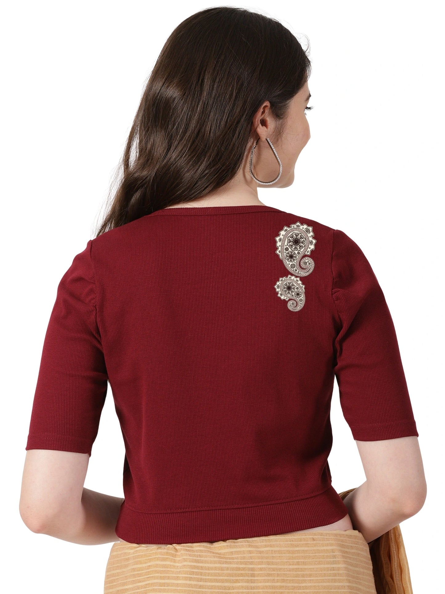 Women Stretchable Rib Square Neck Puff Sleeve Blouse Back Print U0248 Maroon