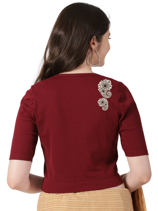 Women Stretchable Rib Square Neck Puff Sleeve Blouse Back Print U0248 Maroon