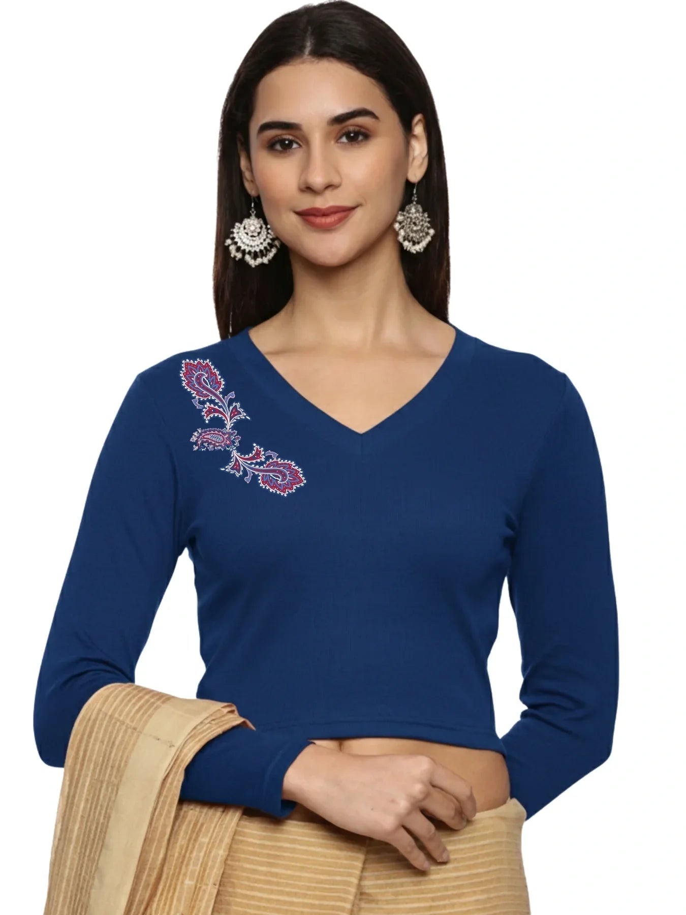 Women Back Printed Stretchable Full Sleeve V Neck RIB Blouse U0217 - notyetbyus