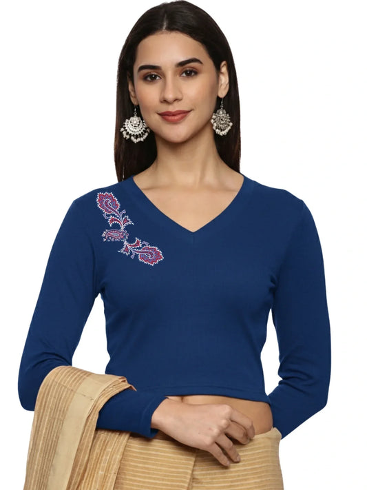 Women Back Printed Stretchable Full Sleeve V Neck RIB Blouse U0217 - notyetbyus