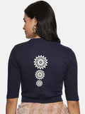 Women Back Printed Stretchable Elbow Sleeve RIB Blouse U0170 Navy