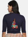 Women Back Printed Stretchable Elbow Sleeve RIB Blouse U0172 Navy