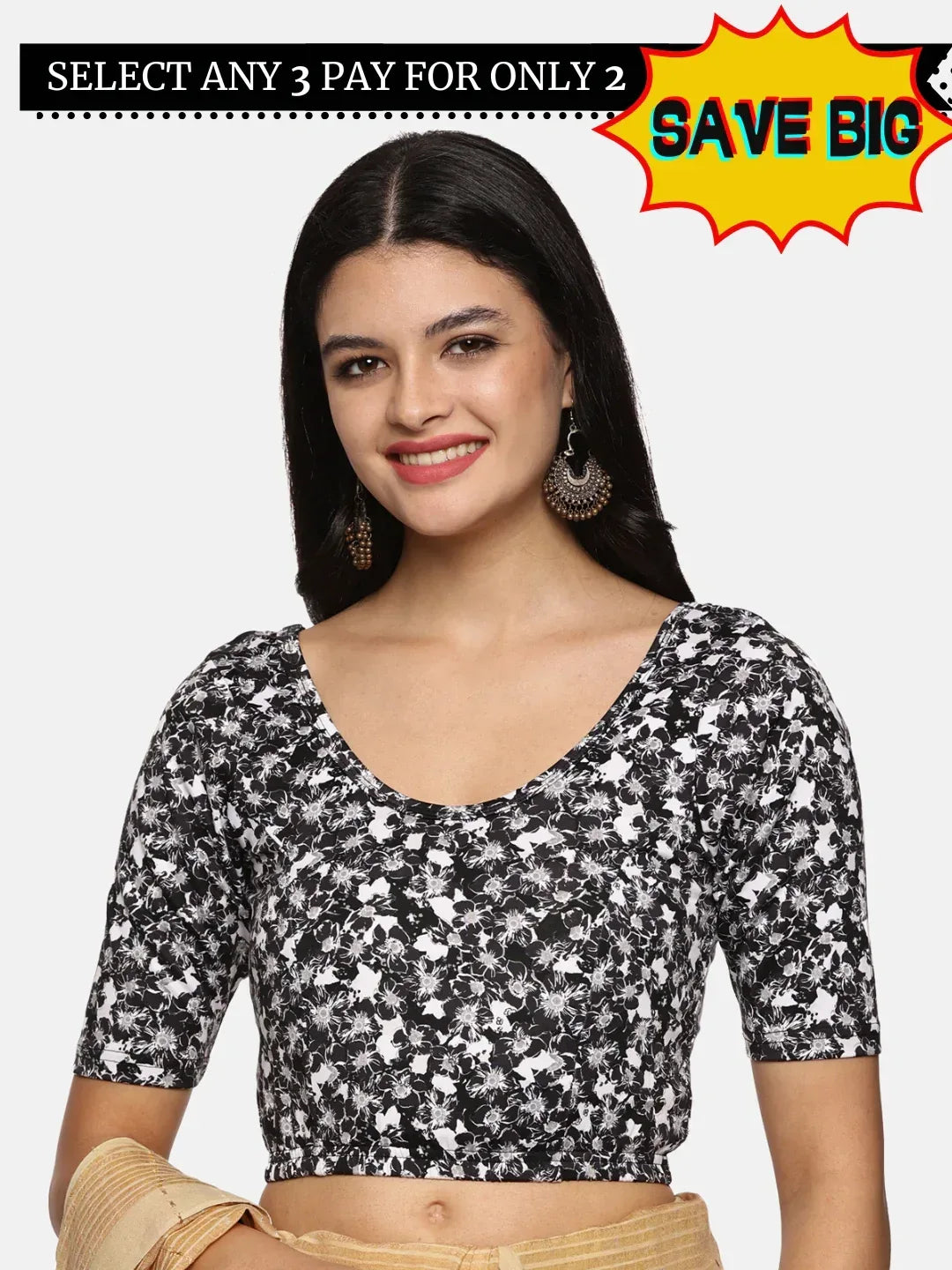 Women Allover Black White Floral Printed Stretchable Blouse UA06 - notyetbyus
