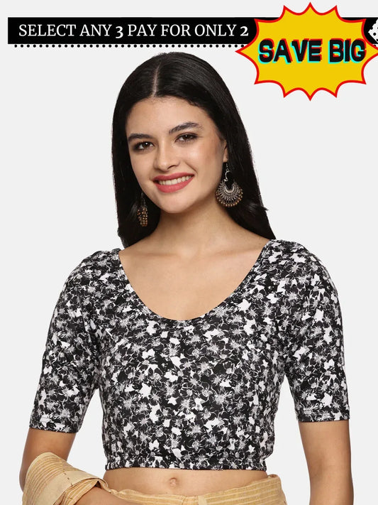 Women Allover Black White Floral Printed Stretchable Blouse UA06 - notyetbyus